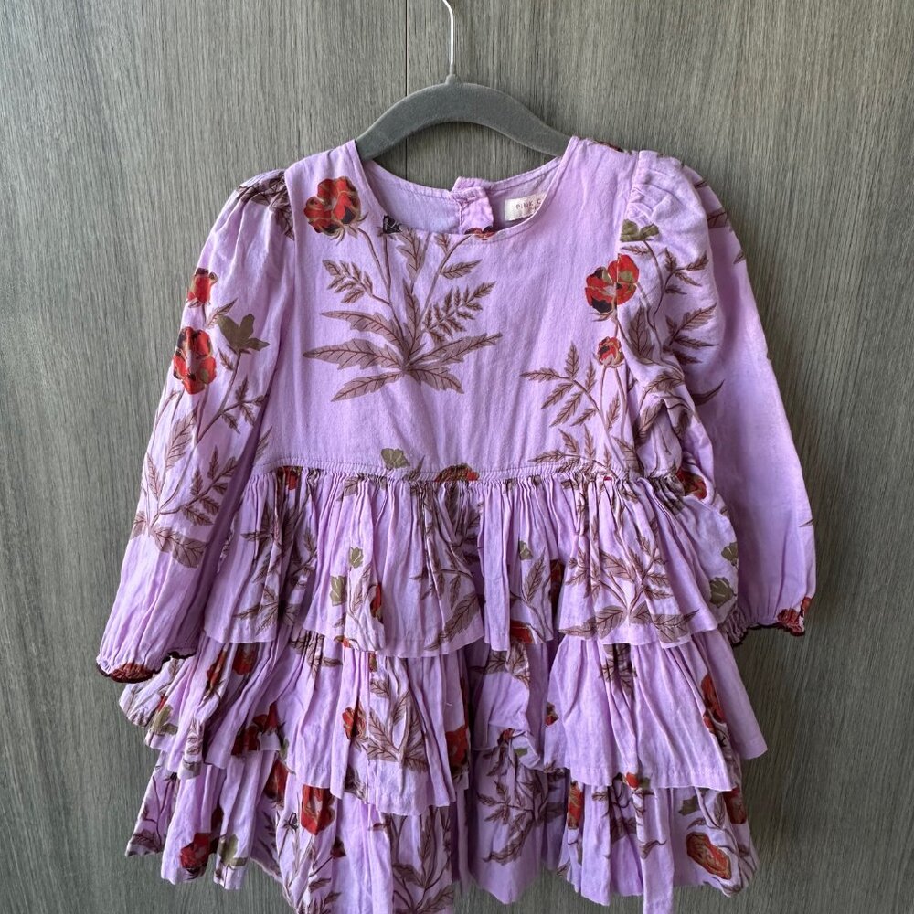 Pink Chicken Lilac Floral Tiered Ruffle Dress with Red Flower Accents